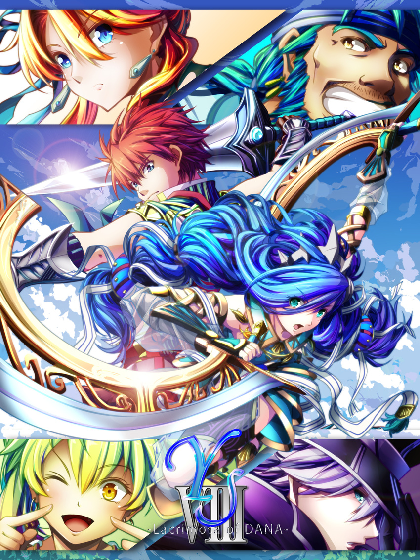 3boys 3girls adol_christin armor beard blue_eyes dana_(ys) earrings gloves green_hair hair_ornament hat hummel_(ys) laxia_(ys) lips long_hair multiple_boys multiple_girls one_eye_closed open_mouth orange_hair purple_hair red_hair ricotta_(ys) sahad_(ys) see-through short_hair sword vest weapon wink yellow_eyes ys ys_viii_lacrimosa_of_dana