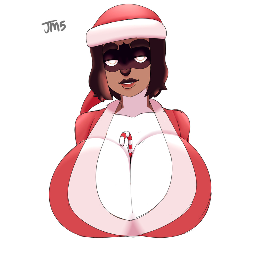 anthro big_breasts breasts candy candy_cane christmas cleavage clothed clothing female food hat holidays huge_breasts jakkmau5art looking_at_viewer mammal raccoon santa_hat smile solo