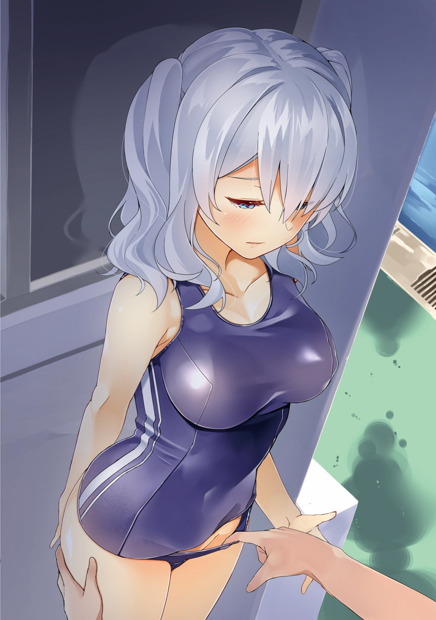 against_wall blue_eyes blush breasts byte_(allbyte) collarbone highres kantai_collection kashima_(kantai_collection) large_breasts one-piece_swimsuit outdoors poolside school_swimsuit school_swimsuit_flap shiny shiny_clothes silver_hair solo_focus swimsuit swimsuit_pull two_side_up