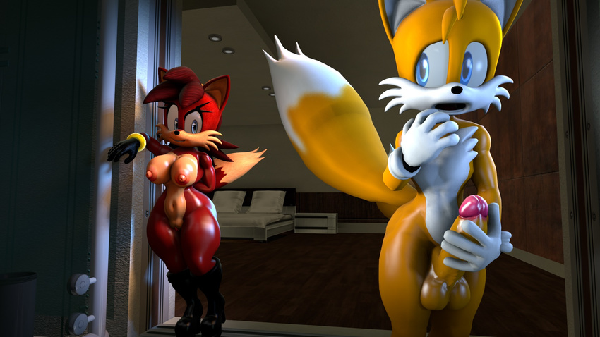 2017 3d_(artwork) anthro areola balls big_breasts breasts canine digital_media_(artwork) duo erect_nipples erection female fiona_fox fox lowkeydiag male mammal miles_prower nipples nude penis pussy sonic_(series)