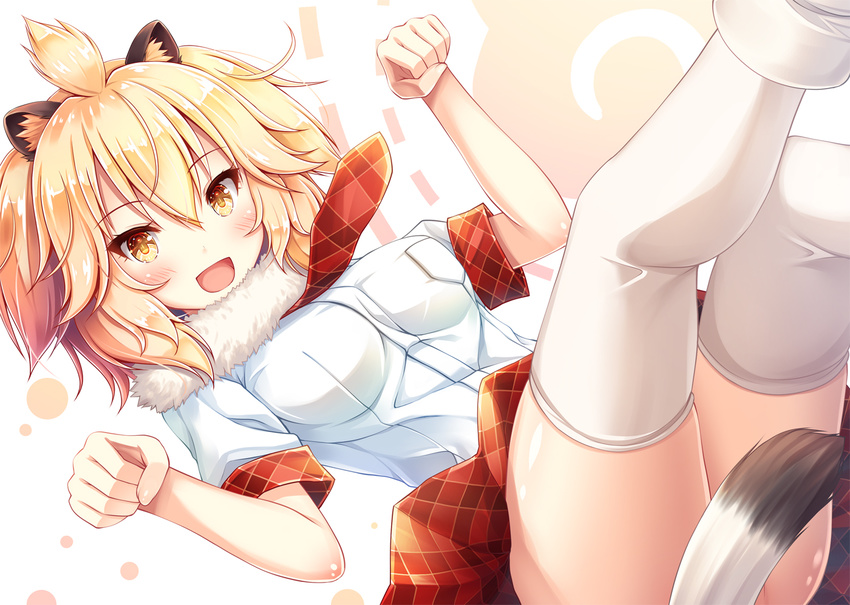 :d akashio_(loli_ace) animal_ears blonde_hair blush breasts clenched_hands eyebrows_visible_through_hair hair_between_eyes kemono_friends lion_(kemono_friends) lion_ears medium_breasts necktie open_mouth paw_pose plaid plaid_neckwear plaid_skirt pleated_skirt red_neckwear red_skirt shirt short_sleeves skirt smile solo tail tail_censor thighhighs white_legwear white_shirt yellow_eyes