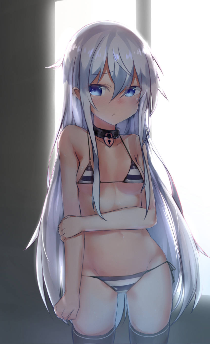 absurdres bikini black_legwear blue_eyes choker collar commentary_request heart_lock_(kantai_collection) hibiki_(kantai_collection) highres kantai_collection kure_(kure_ng) long_hair looking_at_viewer lowleg lowleg_bikini side-tie_bikini silver_hair solo striped striped_bikini swimsuit thighhighs window