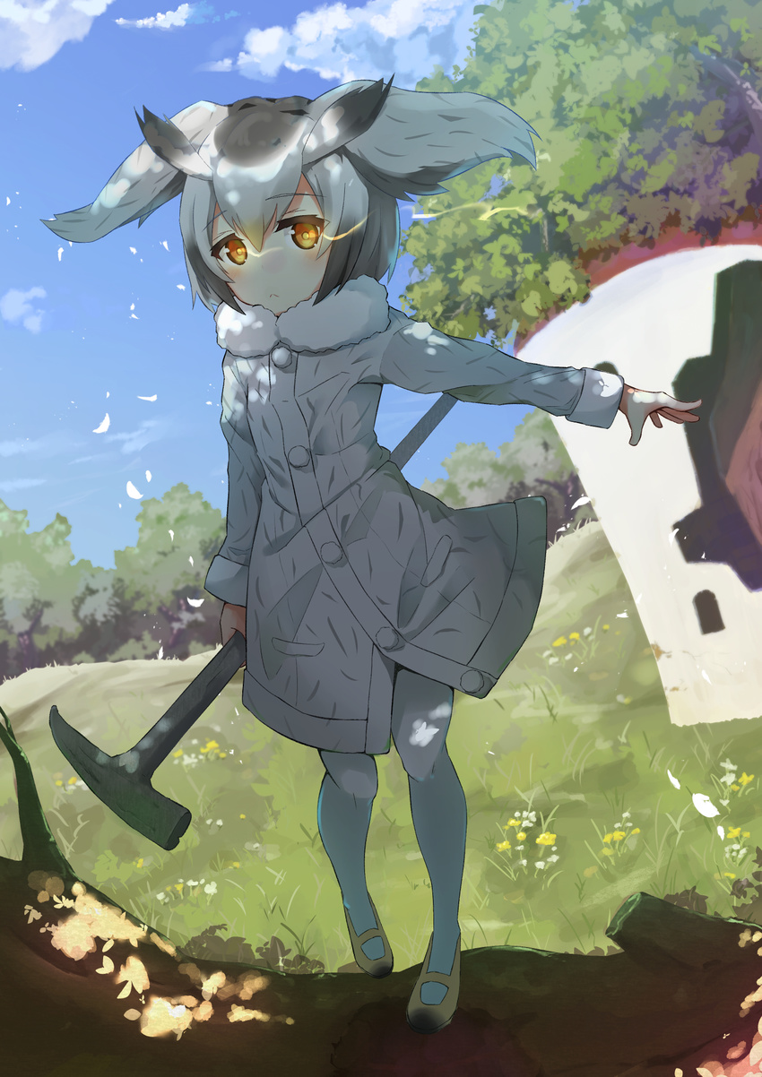 blue_sky building claw_hammer cloud coat commentary_request cube_(cube00) day flower full_body fur_collar glowing glowing_eyes grass hammer head_wings highres kemono_friends looking_at_viewer northern_white-faced_owl_(kemono_friends) outdoors pantyhose short_hair sky solo tree white_hair white_legwear yellow_eyes