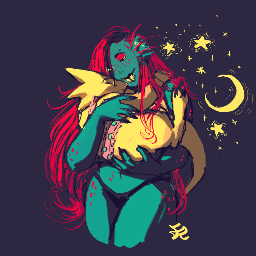 alphys blue_skin bridal_carry carrying clothing eyewear fangs female female/female fin fish freckles glasses hair holding_character humanoid larger_female long_hair marine moon mylittlegravityfalls navel panties red_hair romantic_couple scalie size_difference sleeping slightly_chubby smaller_female smile star undertale underwear undyne video_games