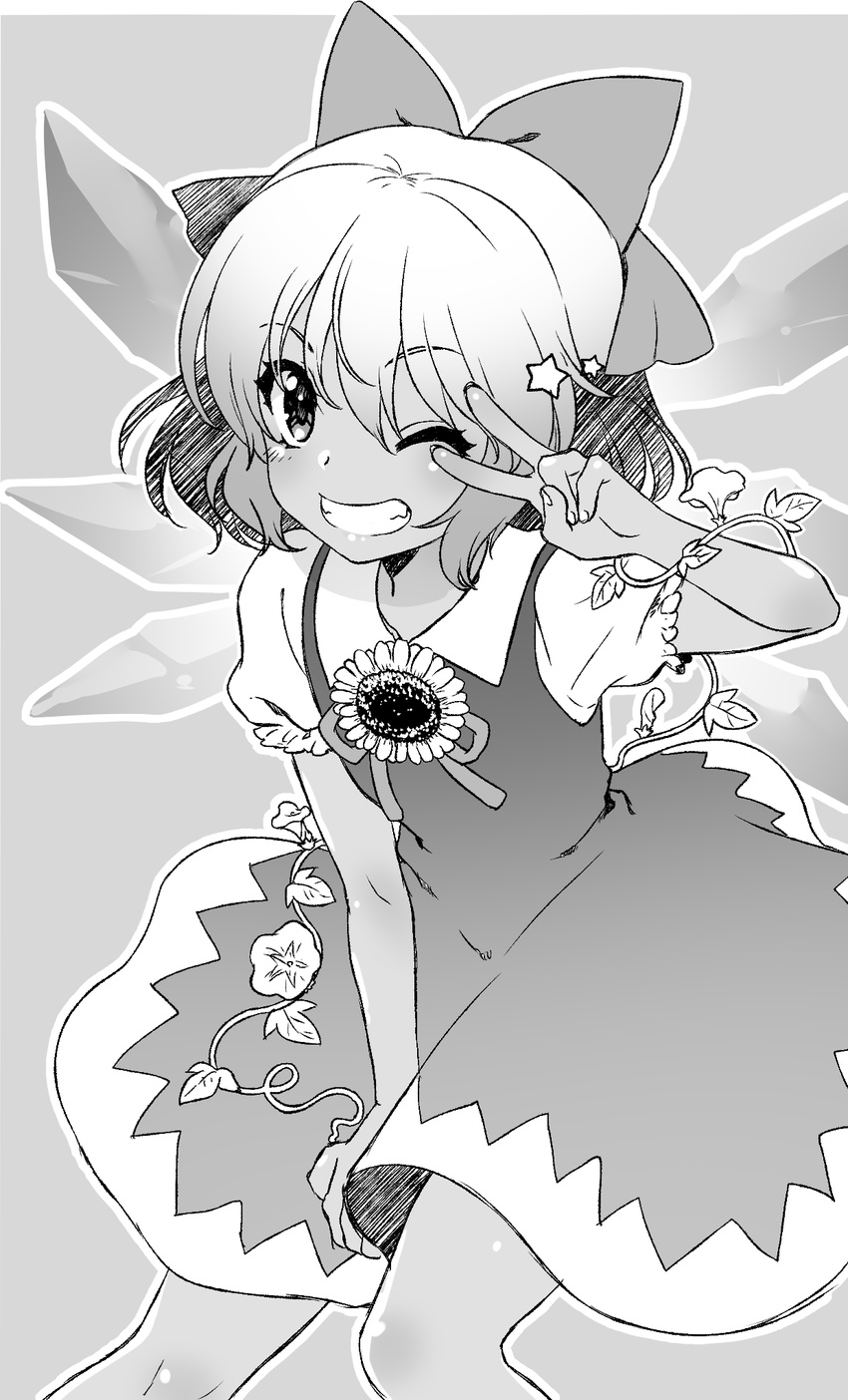 blush bow cirno dark_skin dress flower greyscale grin hair_bow hidden_star_in_four_seasons highres ice ice_wings looking_at_viewer mochiya_marosuke monochrome one_eye_closed short_hair short_sleeves smile solo star sunflower tan tanned_cirno touhou v v_over_eye wings