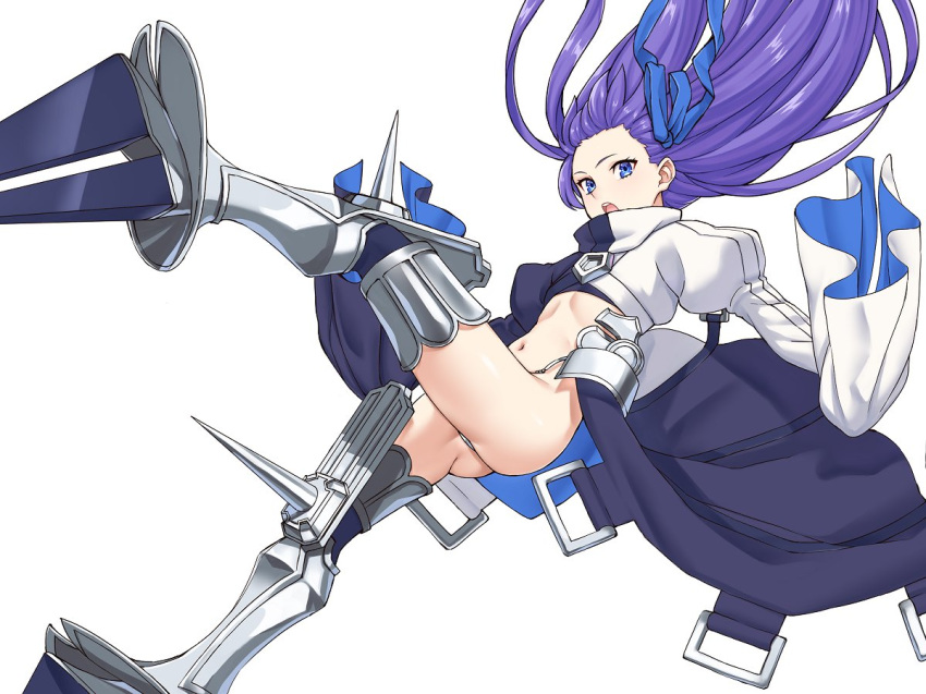 ass blue_eyes blue_ribbon falling fate/extra fate/extra_ccc fate/grand_order fate_(series) flat_chest floating_hair hair_ribbon long_hair long_sleeves meltlilith michihasu midriff navel open_mouth prosthesis prosthetic_leg purple_hair ribbon simple_background sleeves_past_wrists solo spikes white_background