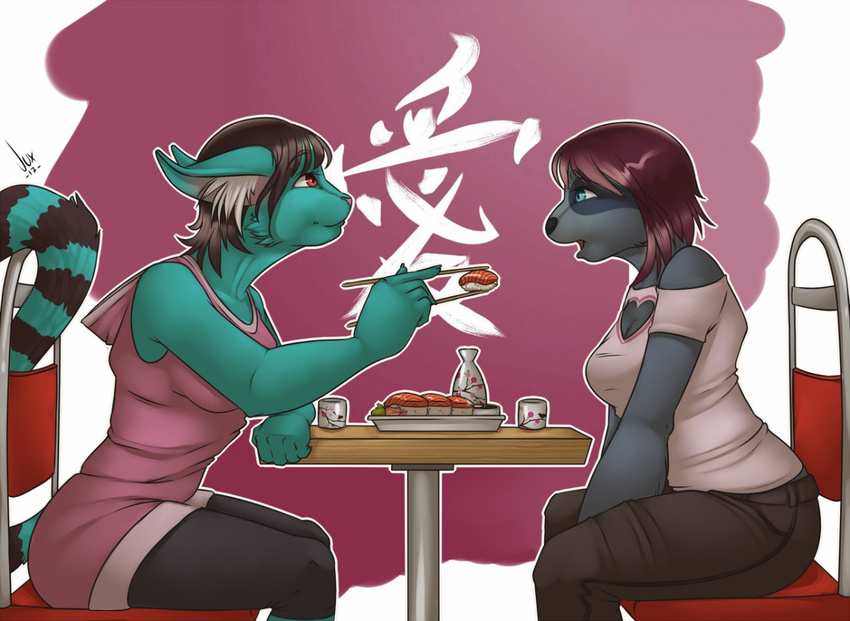 anthro badger chinese_text chopsticks clothed clothing duo feline female food fur hair juxzebra mammal mustelid open_mouth sitting smile sushi text