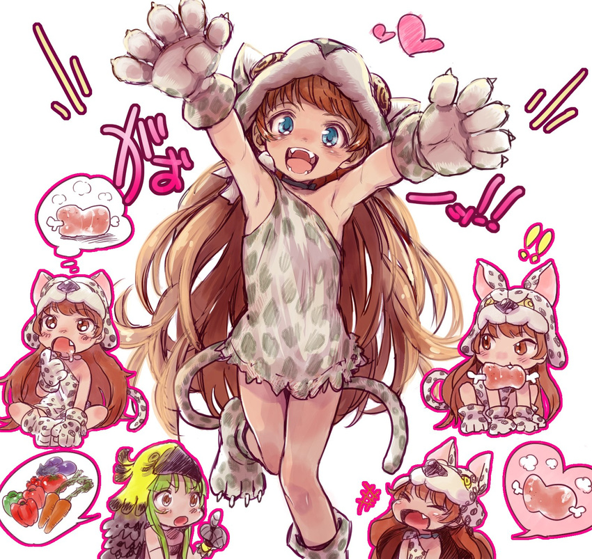 +++ 2girls :d animal_hood animal_print bell_pepper blue_eyes boned_meat brown_eyes brown_hair carrot dark_skin dress drooling eggplant eiyuu_senki fang fangs food gao gloves haguhagu_(rinjuu_circus) heart highres hood imagining long_hair meat montezuma_(eiyuu_senki) mouth_hold multiple_girls multiple_views open_mouth outline outstretched_arms paw_gloves paw_shoes paws pepper pink_outline print_dress print_footwear print_gloves shoes simple_background smile spoken_object teeth tomato very_long_hair wayna_qhapaq_(eiyuu_senki) white_background