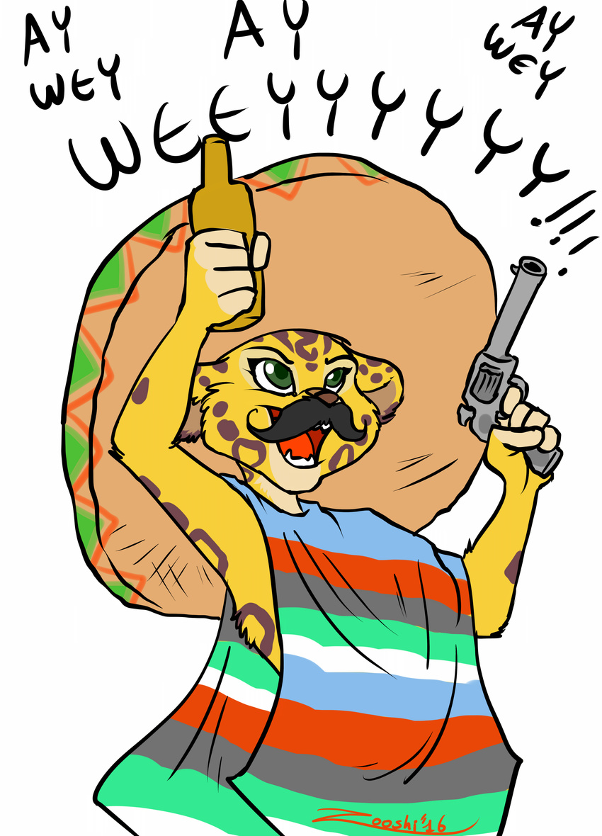 2016 alcohol anthro beer beverage cheetah disney facial_hair feline female fuli gun handgun mammal mustache open_mouth ranged_weapon revolver stereotypical_mexican the_lion_guard the_lion_king weapon zooshi