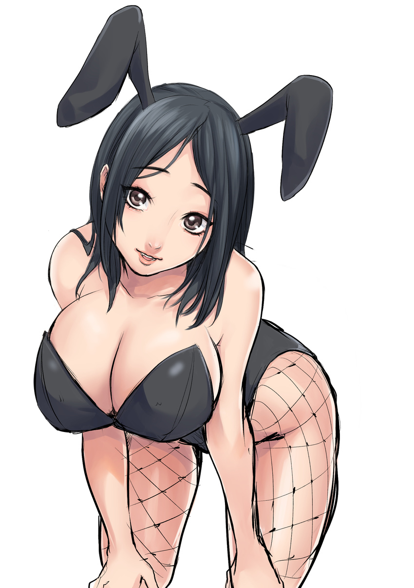 absurdres animal_ears bare_shoulders black_hair breasts brown_eyes bunny_ears bunny_girl bunnysuit cleavage hands_on_own_knees highres large_breasts leaning_forward miura_hajime original parted_lips simple_background smile solo thighs white_background