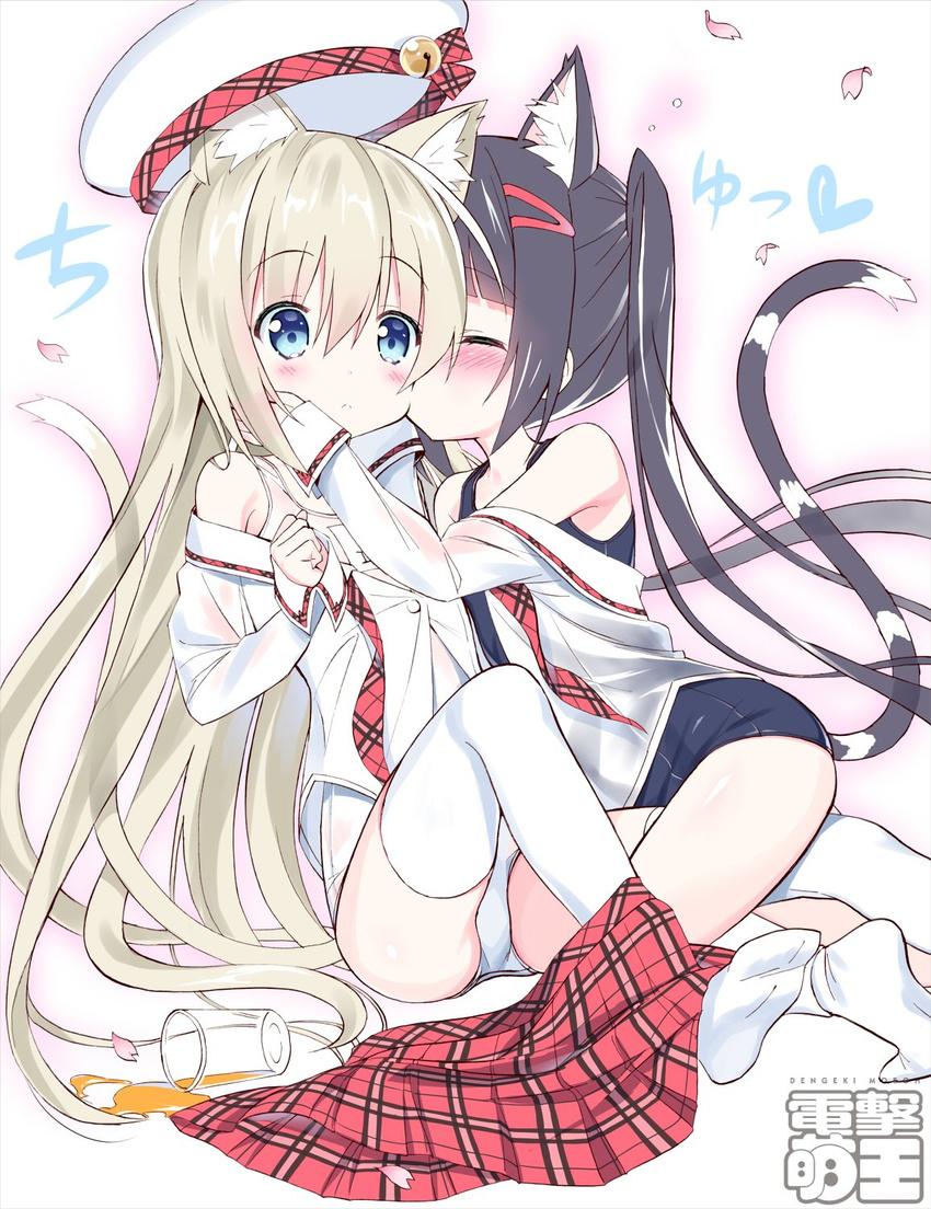 animal_ears black_hair blonde_hair blue_eyes blush cat_ears cat_tail cheek_kiss clenched_hand closed_eyes cup dengeki_moeou dokidoki_sister_aoi-chan drinking_glass drunk face-to-face hair_ornament hairclip hand_on_another's_face hat headwear_removed highres hug juice kiss kneeling kohinata_aoi_(dokidoki_sister_aoi-chan) legs long_hair multiple_girls no_pants off_shoulder one-piece_swimsuit open_clothes open_shirt school_swimsuit school_uniform shirt sitting skirt skirt_around_one_leg skirt_pull socks spill straddling swimsuit swimsuit_under_clothes tachibana_lily tail takahashi_tetsuya thighhighs twintails unbuttoned untied very_long_hair watermark white_legwear white_school_swimsuit white_swimsuit yuri