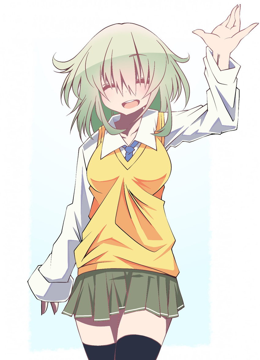 :d ^_^ bad_id bad_twitter_id black_legwear blush breasts closed_eyes collared_shirt commentary facing_viewer fingernails green_hair highres komeiji_koishi large_breasts long_sleeves messy_hair miniskirt necktie open_mouth pleated_skirt sakakiba_misogi shirt short_hair skirt smile solo sweater_vest thighhighs touhou waving zettai_ryouiki