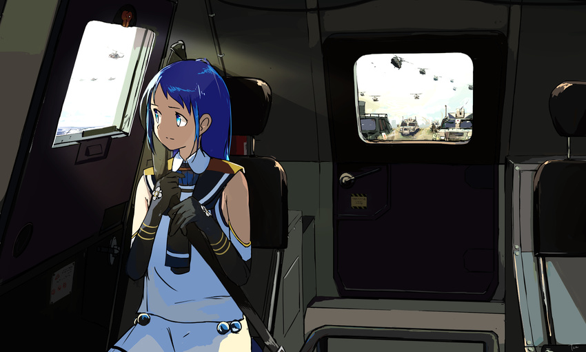 aircraft black_gloves blue_eyes blue_hair car_interior ch-47_chinook closed_mouth elbow_gloves gloves helicopter highres kantai_collection long_hair looking_to_the_side military military_vehicle morakkyo_(mephilas_g3) sailor_collar samidare_(kantai_collection) seatbelt sitting sleeveless solo uh-1_iroquois