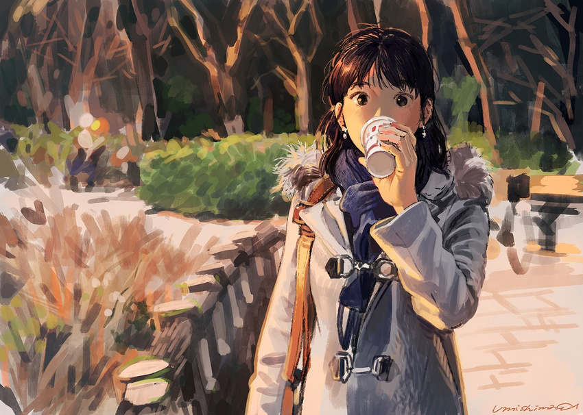 arm_at_side arm_up bag black_eyes black_hair blue_scarf bush coat commentary_request cup earrings handbag holding holding_cup jewelry long_hair long_sleeves looking_at_viewer original scarf standing tree umishima_senbon wide-eyed winter_clothes