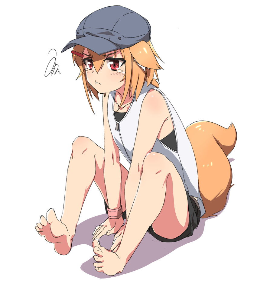 :t animal_ears bare_legs bare_shoulders barefoot between_legs blonde_hair commentary_request ears_down fox_ears fox_girl fox_tail hair_ornament hairclip hand_between_legs hat highres minowa_sukyaru original pout red_eyes shirt shorts sitting sleeveless sleeveless_shirt solo squiggle tail tearing_up toes v-shaped_eyebrows white_shirt wristband