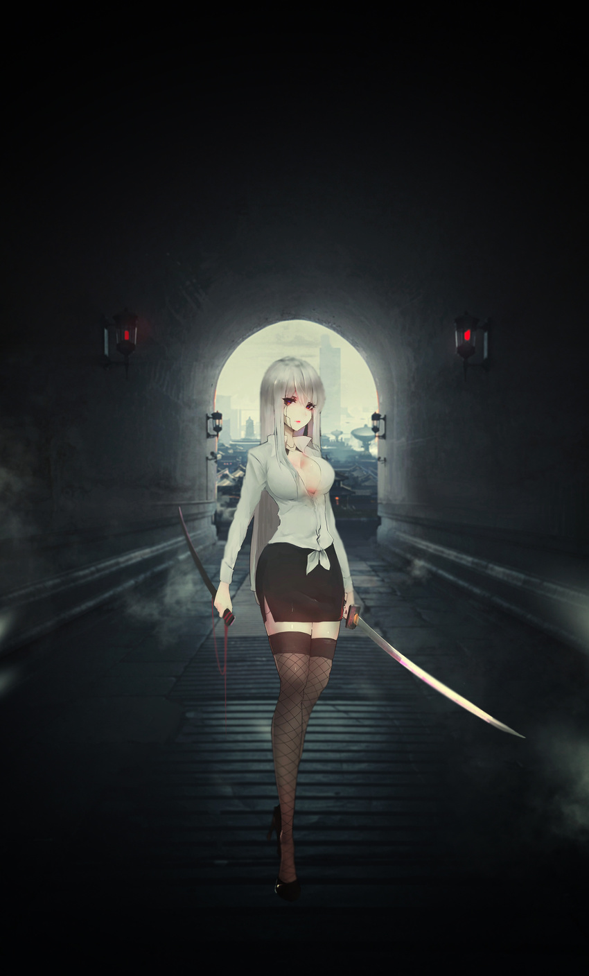 1girl android aoi_ogata bangs black_skirt blue_eyes blurry breasts building city cityscape cleavage eyelashes fishnet_stockings fog full_body hair_between_eyes high_heels holding holding_sword holding_weapon katana large_breasts lipstick long_hair looking_at_viewer mini_skirt multicolored_eyes original red_eyes red_lipstick sheath shirt silver_hair skirt solo sunlight sword thighhighs tunnel walking weapon white_shirt zettai_ryouiki