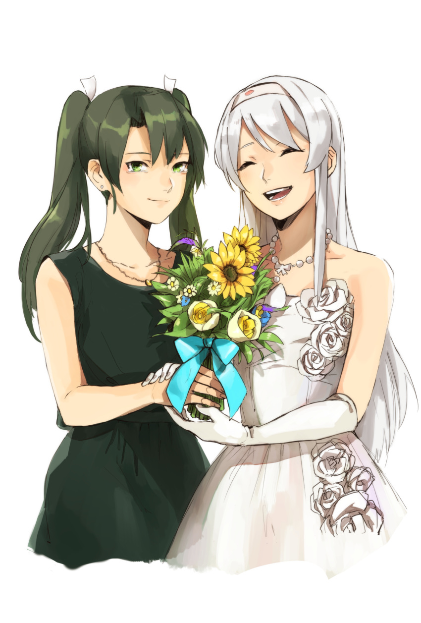 bead_necklace beads black_dress bouquet closed_mouth daisy dress earrings flower green_eyes green_hair hair_ribbon hairband highres jewelry kantai_collection long_hair necklace open_mouth ribbon rose shoukaku_(kantai_collection) sidelocks silver_hair smile strapless strapless_dress stud_earrings suke_(singekijyosei) sunflower tears tulip twintails wedding_dress white_flower white_rose zuikaku_(kantai_collection)