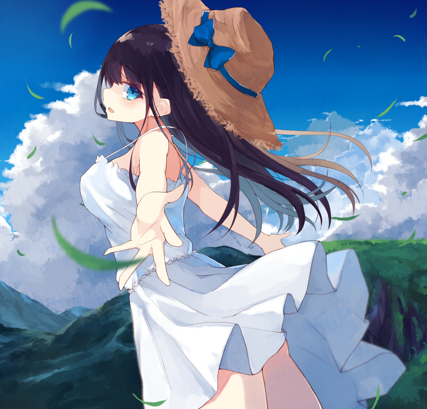 1girl absurdres bangs bare_arms bare_shoulders black_hair blue_bow blue_eyes blue_sky blush bow breasts cloud day dress from_side hat hat_bow highres huge_filesize kanari_no_binetsu large_breasts long_hair open_mouth original outdoors outstretched_arms sky solo straw_hat sun_hat white_dress