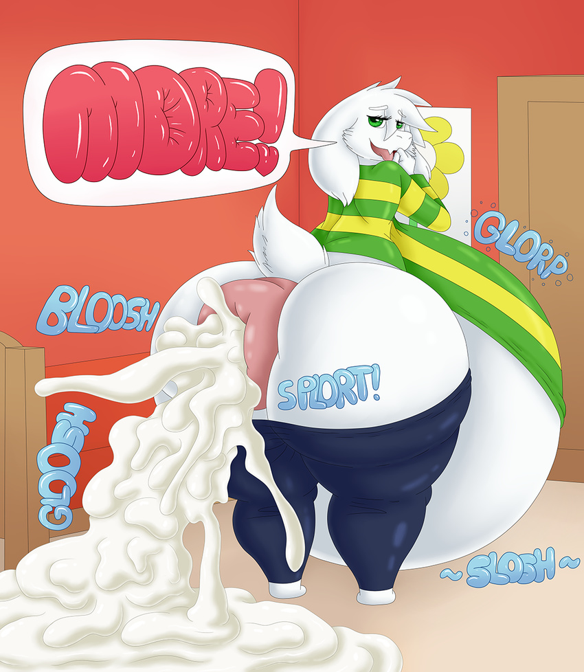 anthro anus asriel_dreemurr big_butt boss_monster butt caprine clothed clothing cum cum_everywhere cum_from_ass cum_in_ass cum_inflation cum_inside excessive_cum fur goat green_eyes huge_butt hyper hyper_anus hyper_butt inflation long_ears looking_at_viewer looking_back male mammal messy open_mouth presenting puffy_anus senos smile solo standing text thick_thighs tongue tongue_out undertale video_games white_fur