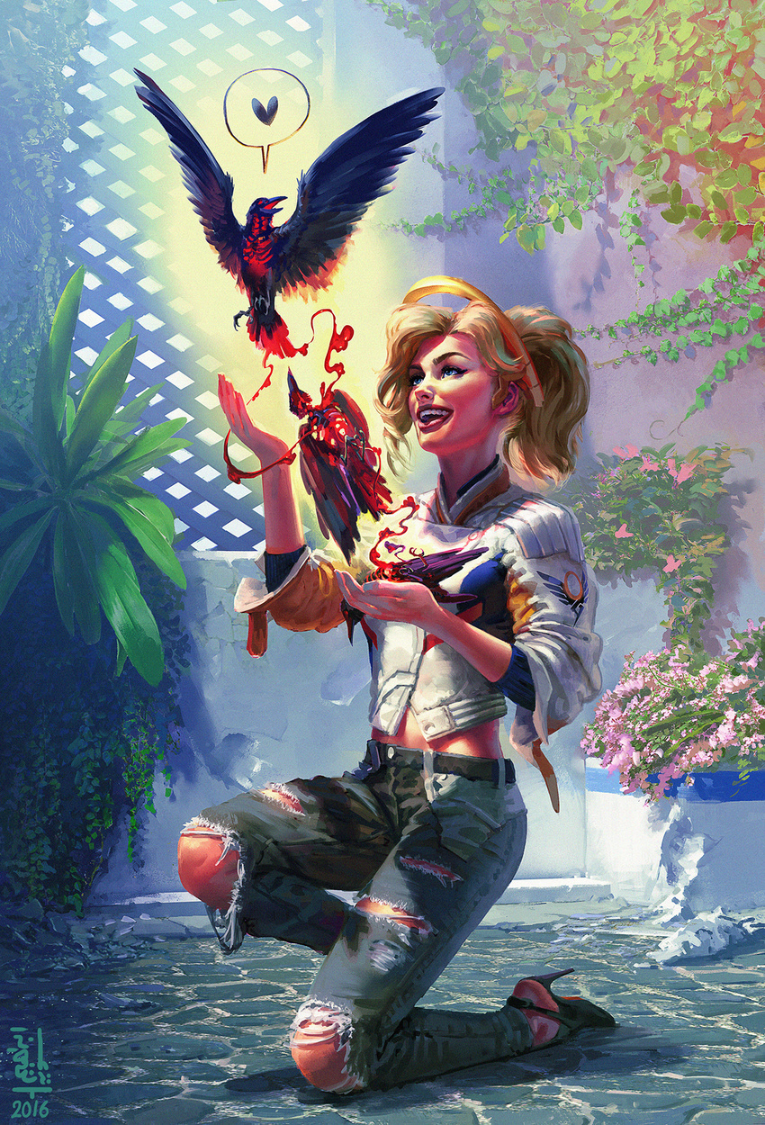 2016 adapted_costume animal animal_on_hand belt bird black_footwear blonde_hair blood blue_eyes blue_pants buttons commentary cropped_jacket crow dated death denim flower groin happy headgear heart high_heels highres holding holding_animal ibrahem_swaid jacket jeans kneeling leaf lips lipstick makeup mechanical_halo mercy_(overwatch) midair no_wings nose open_mouth overwatch pants plant ponytail realistic red_lips red_lipstick resurrection revision shoes short_sleeves signature sleeves_past_elbows sleeves_pushed_up smile solo spoken_heart sweater teeth torn_clothes torn_jeans torn_pants turtleneck white_jacket wing_print