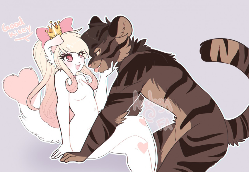 andogg anthro breasts crown duo featureless_breasts feline female fur hair male male/female mammal nude open_mouth smile tongue tongue_out watermark