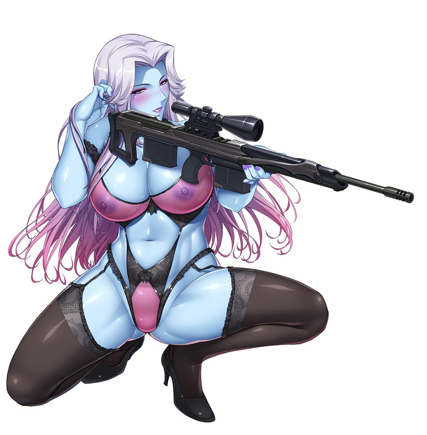 00s 1girl alberta_(taimanin_asagi) blue_skin blush breasts female kokonoki_nao large_breasts lilith-soft lingerie lipstick multicolored_hair nail_polish nipples point pointy_ears purple_eyes revealing_clothes rifle shiny shiny_skin solo squatting taimanin_(series) taimanin_asagi taimanin_asagi_battle_arena weapon