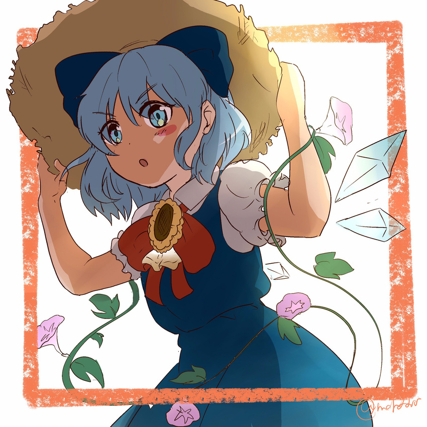 :o blue_eyes blue_hair blush_stickers bow cirno collared_shirt commentary dress flower hair_bow hat hidden_star_in_four_seasons highres ice ice_wings jpeg_artifacts kureko_(kurekommt) looking_at_viewer plant puffy_short_sleeves puffy_sleeves shirt short_sleeves solo straw_hat sun_hat sunflower tan tanned_cirno touhou v-shaped_eyebrows vines wings