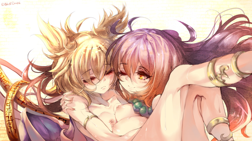 ;) anklet armlet asymmetrical_docking bangs blizzomos blonde_hair breast_press breasts brown_hair carrying closed_eyes closed_mouth collarbone commentary floating_hair gradient_hair highres hijiri_byakuren jewelry large_breasts long_hair looking_at_another multicolored_hair multiple_girls nipples nude one_eye_closed pointy_hair princess_carry purple_hair small_breasts smile touhou toyosatomimi_no_miko yuri