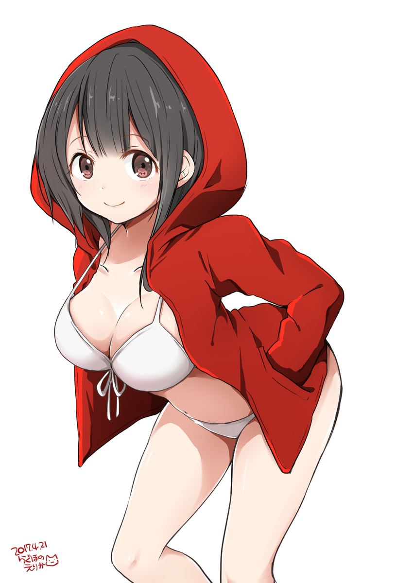 arched_back artist_name bangs bikini black_hair blush boshuu-chan breasts brown_eyes closed_mouth collarbone dated eyebrows_visible_through_hair hands_in_pockets highres hood hoodie large_breasts leaning_forward navel open_clothes open_hoodie original ragho_no_erika signature simple_background smile solo swimsuit thighs white_background