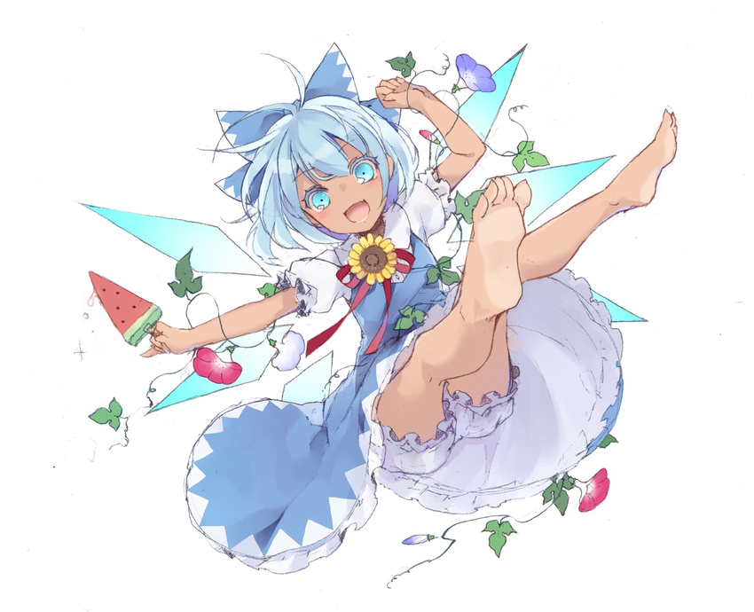 :d barefoot bloomers blue_bow blue_dress blue_eyes blue_flower blue_hair bow cirno dress feet flower food frilled_dress frilled_sleeves frills full_body hair_bow hidden_star_in_four_seasons highres ice ice_wings leaf looking_at_viewer morning_glory open_mouth popsicle puffy_short_sleeves puffy_sleeves red_flower red_ribbon ribbon short_hair short_sleeves smile solo sunflower tan tanline tanned_cirno touhou toutenkou underwear watermelon_bar white_bloomers wings