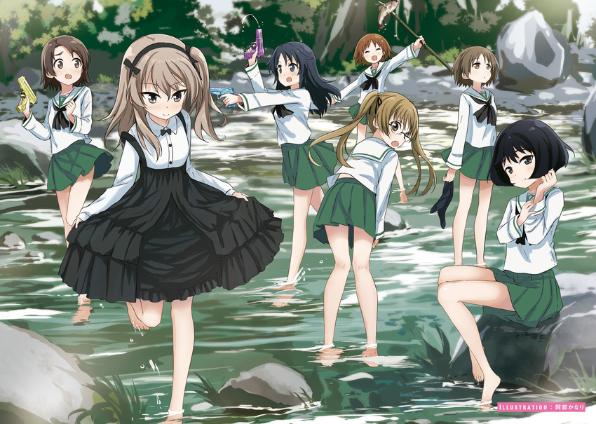 abe_kanari bare_legs black_hair black_hairband black_skirt bow bowtie brown_eyes brown_hair casual fish girls_und_panzer glasses green_skirt hairband highres layered_skirt light_brown_hair long_hair long_sleeves maruyama_saki multiple_girls ooarai_school_uniform oono_aya river rock sakaguchi_karina sawa_azusa shimada_arisu shirt short_hair side_ponytail skirt suspender_skirt suspenders twintails utsugi_yuuki water_gun white_shirt yamagou_ayumi