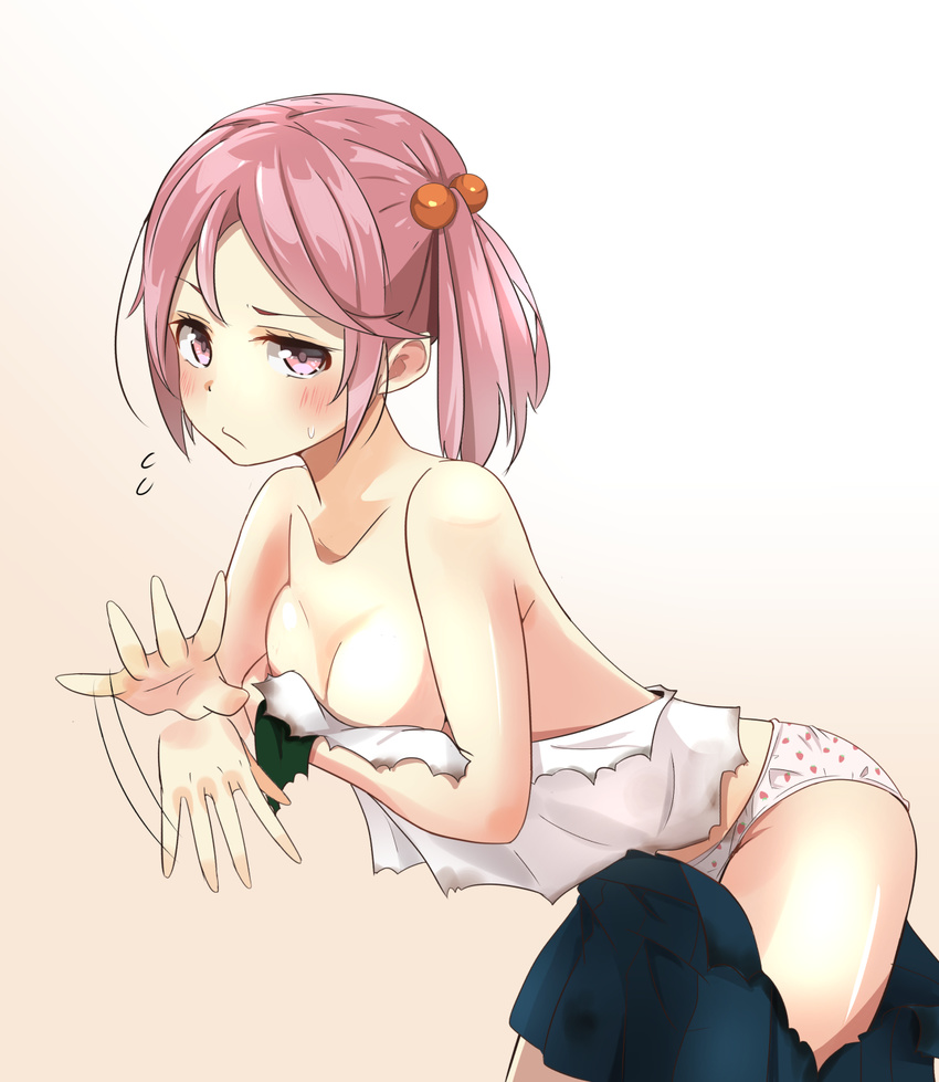 afterimage bent_over blue_skirt blush breast_hold breasts check_commentary collarbone commentary commentary_request covered_nipples flying_sweatdrops food_print from_side gradient gradient_background hair_between_eyes hair_bobbles hair_ornament hand_wave highres kantai_collection looking_at_viewer medium_breasts negahami no_bra no_shirt panties pink_eyes pink_hair pleated_skirt print_panties sazanami_(kantai_collection) school_uniform serafuku shirt shooing short_hair short_twintails simple_background skirt small_breasts solo strawberry_panties strawberry_print sweatdrop thighs torn_clothes torn_shirt torn_skirt twintails underwear