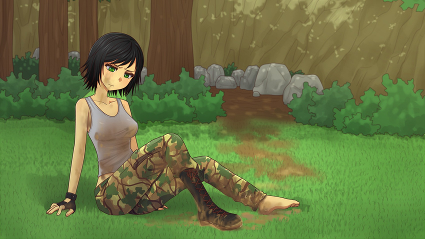 andrea(army_gals) army_gals black_hair clothed dirty female green_eyes muddy outside
