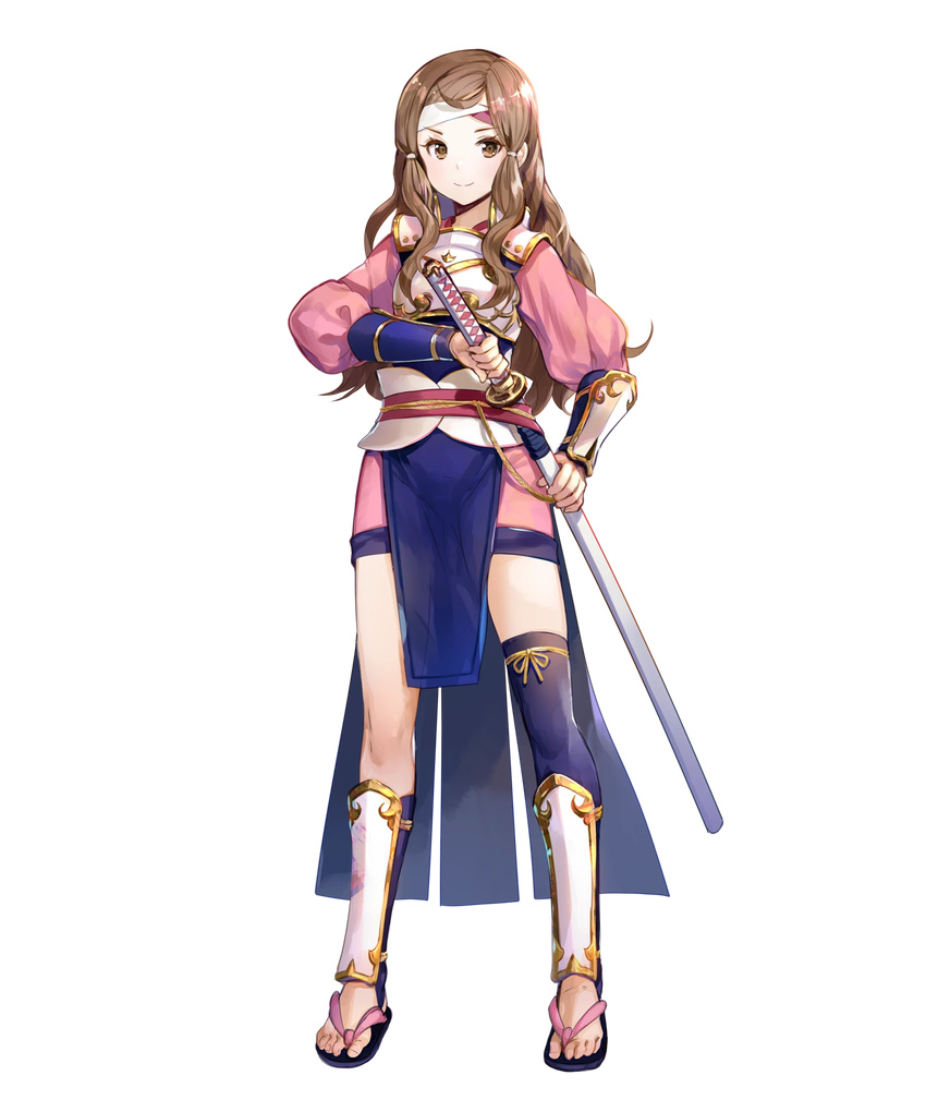 arm_guards armor brown_eyes brown_hair fire_emblem fire_emblem_heroes fire_emblem_if fuji_choko full_body headband highres japanese_clothes katana kazahana_(fire_emblem_if) long_hair no_socks official_art pelvic_curtain sandals shin_guards smile solo standing sword transparent_background weapon