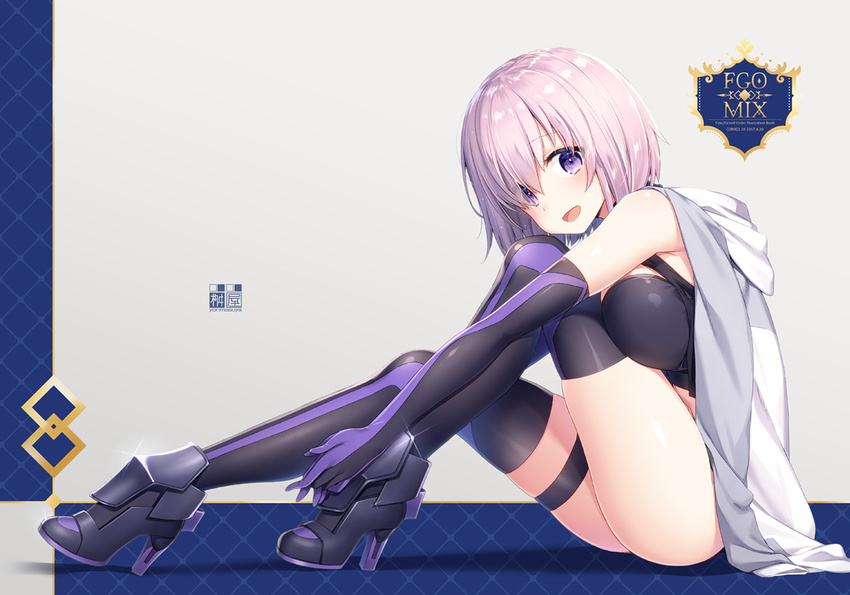 :d black_gloves black_legwear boots breasts elbow_gloves fate/grand_order fate_(series) from_side glint gloves high_heel_boots high_heels hood hooded_jacket hoodie jacket jacket_on_shoulders large_breasts leg_hug leotard looking_at_viewer mash_kyrielight masuishi_kinoto open_mouth pink_hair purple_eyes short_hair sitting smile solo thigh_strap thighhighs