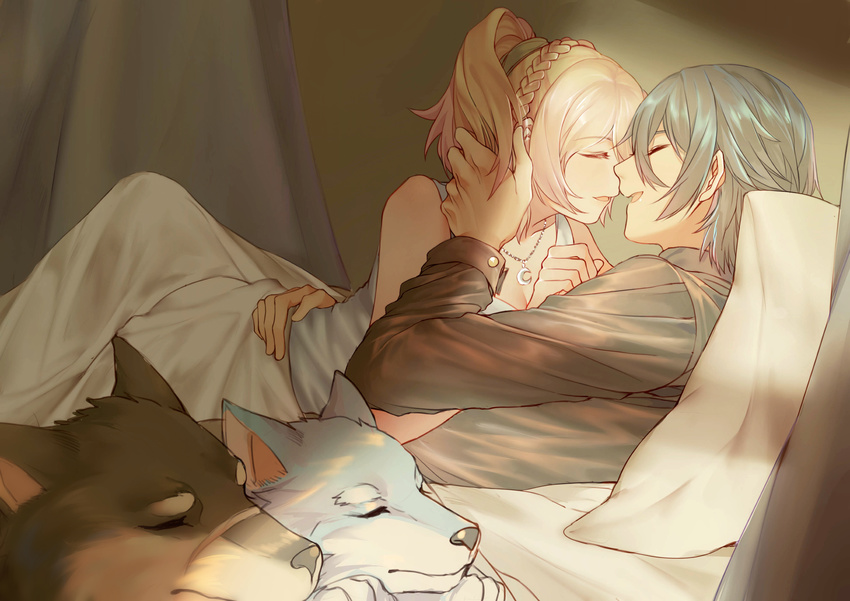 1girl absurdres bed black_hair blonde_hair blue_hair couple dog dress final_fantasy final_fantasy_xv hetero highres husband_and_wife lunafreya_nox_fleuret noctis_lucis_caelum pillow ponytail pryna_(ff15) umbra_(ff15) white_dress yorukun