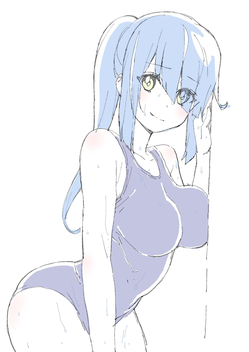absurdres against_wall asymmetrical_bangs bangs blue_hair breast_press breasts cowboy_shot donguri_suzume green_eyes hair_over_one_eye highres impossible_clothes impossible_swimsuit leaning_forward long_hair medium_breasts one-piece_swimsuit original simple_background smile solo swimsuit wet white_background