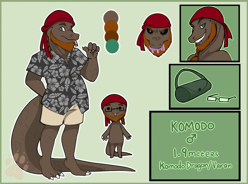 andogg anthro bandanna beard facial_hair komodo_dragon lizard looking_at_viewer male model_sheet monitor_lizard reptile scalie smile solo standing