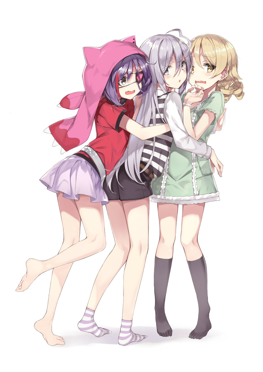 ahoge barefoot belt black_legwear blonde_hair blush brown_eyes brown_hair drill_hair eyebrows_visible_through_hair eyepatch full_body girl_sandwich grey_eyes grey_hair hayasaka_mirei heart heart_eyepatch highres hoshi_shouko hug idolmaster idolmaster_cinderella_girls idolmaster_cinderella_girls_starlight_stage individuals kneehighs kneepits leaning_forward long_hair long_sleeves looking_at_viewer morikubo_nono multicolored_hair multiple_girls no_shoes open_mouth pigeon-toed purple_hair red_hair sakimiya_mafu sandwiched short_hair short_sleeves shorts skirt socks striped striped_legwear very_long_hair wavy_mouth white_background yellow_eyes