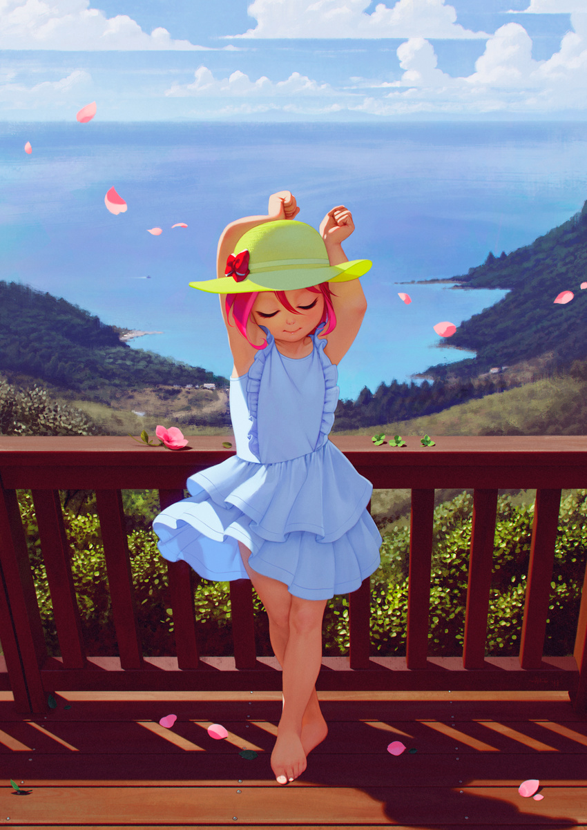 alkemanubis armpits arms_up bare_arms bare_legs bare_shoulders barefoot blue_sky bow child closed_eyes closed_mouth cloud collarbone commentary crossed_legs day dress feet floor flower full_body hat hat_bow highres nature ocean original outdoors petals pink_hair plant railing shadow short_hair sky smile solo standing striped striped_bow sun_hat toes water white_dress wooden_floor yellow_hat
