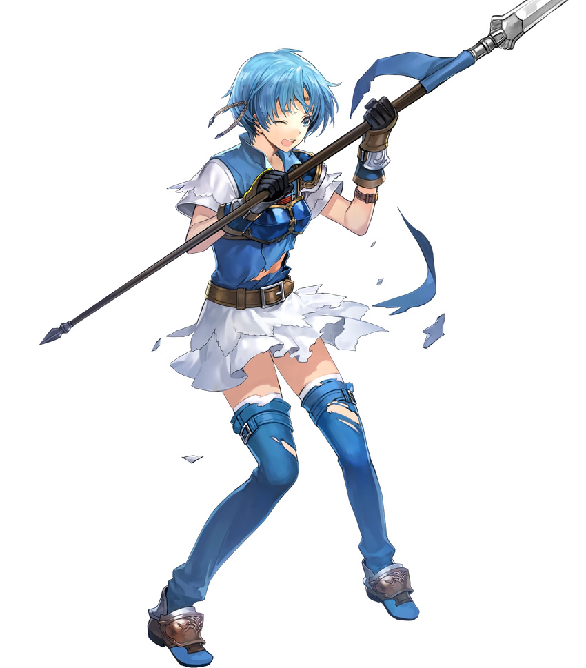 armor bangs belt blue_eyes blue_hair fire_emblem fire_emblem:_fuuin_no_tsurugi fire_emblem_heroes full_body gloves hakou_(barasensou) highres holding holding_weapon official_art one_eye_closed open_mouth polearm short_hair short_sleeves shoulder_armor skirt solo spear thany thighhighs torn_clothes transparent_background weapon zettai_ryouiki