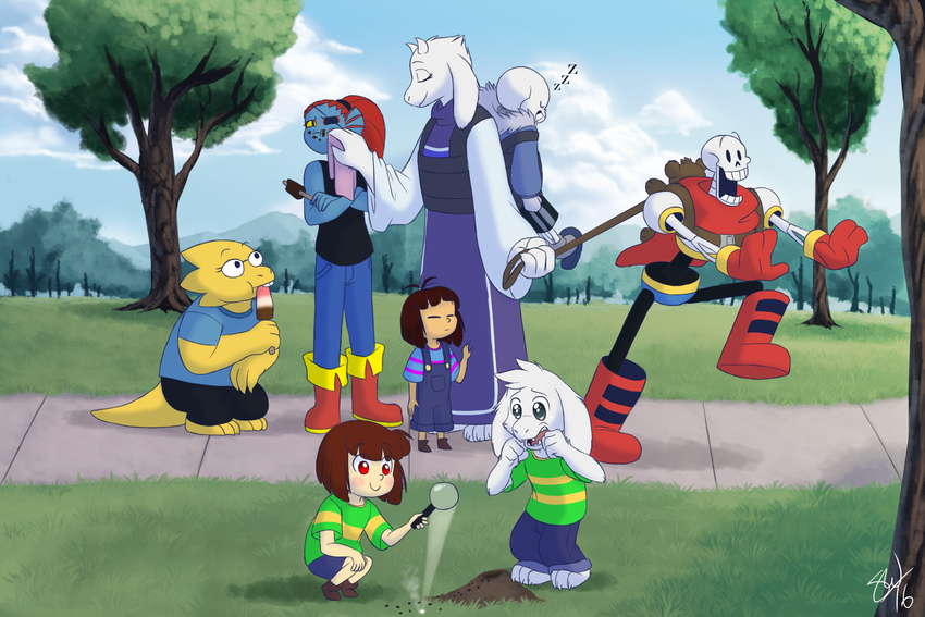 2016 alphys ambiguous_gender animated_skeleton anthro asriel_dreemurr bone caprine chara_(undertale) clothed clothing eye_patch eyewear female fish flower fur goat hair human lizard long_ears male mammal marine papyrus_(undertale) plant protagonist_(undertale) reptile sans_(undertale) scalie skeleton tc-96 toriel undead undertale undyne video_games white_fur young