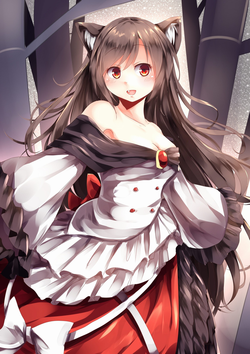 adapted_costume animal_ears backlighting bamboo bangs bare_shoulders blouse blush bow breasts brooch brown_hair cleavage collarbone fang frilled_shirt frilled_skirt frilled_sleeves frills from_side hair_between_eyes highres imaizumi_kagerou jewelry kanzakietc lavender_shirt long_hair long_skirt looking_at_viewer looking_to_the_side medium_breasts night night_sky off_shoulder open_mouth petticoat red_eyes red_skirt shiny shiny_hair shirt skirt sky sleeves_past_wrists smile solo star_(sky) starry_sky touhou very_long_hair white_blouse wide_sleeves wolf_ears yellow_eyes