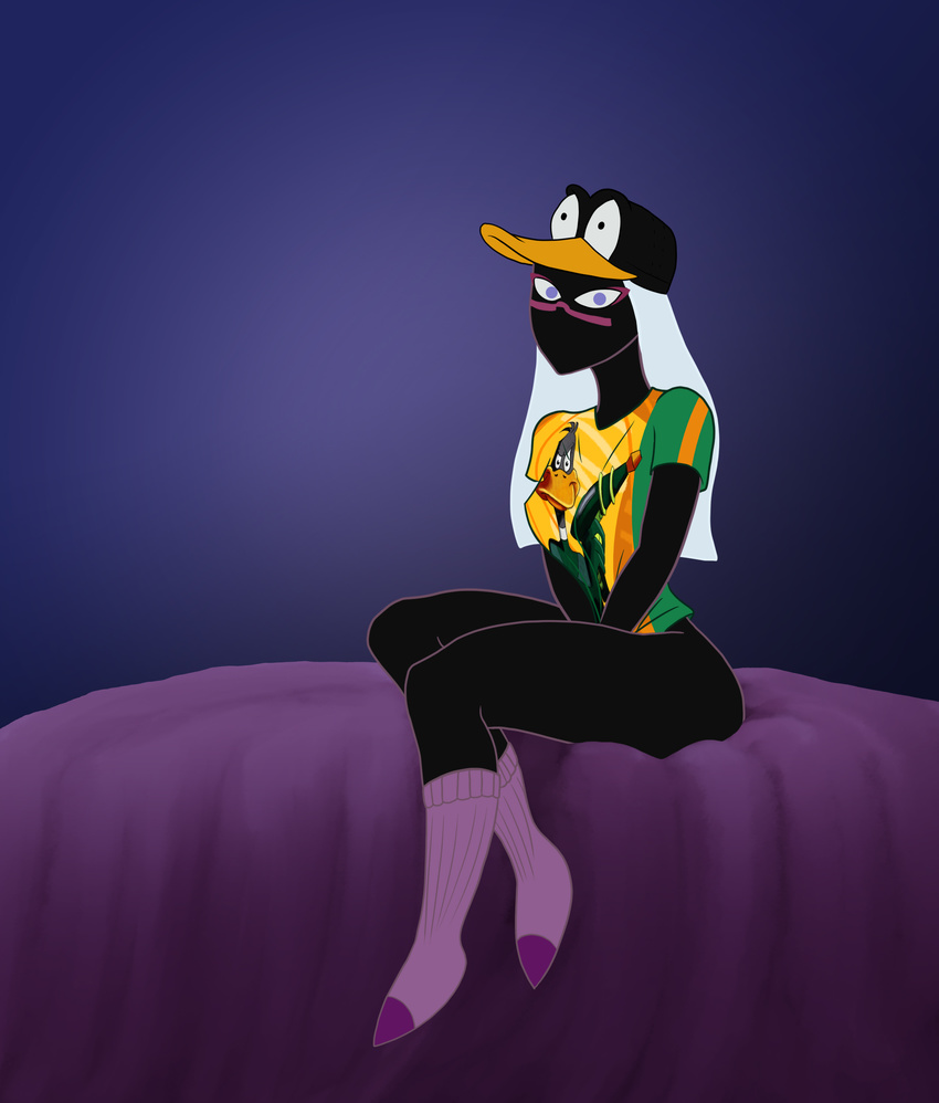 2017 astraldog black_skin blue_eyes bottomless clothed clothing daffy_duck duck_dodgers female gradient_background hair hat legwear long_hair looking_at_viewer looney_tunes not_furry queen queen_tyr'ahnee royalty simple_background sitting socks solo warner_brothers white_hair