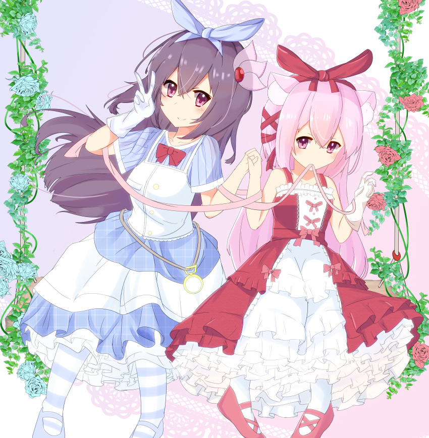 2girls absurdres animal_ear_fluff animal_ears azur_lane bangs blue_bow blue_flower blue_footwear blue_rose blue_shirt blue_skirt bow breasts brown_hair cat_ears closed_mouth collarbone commentary_request crossover dress eyebrows_behind_hair fingernails flower gloves hair_between_eyes hair_bow hand_holding hands_up highres interlocked_fingers kantai_collection kisaragi_(azur_lane) kisaragi_(kantai_collection) long_hair looking_at_viewer mouth_hold multiple_girls namesake nekoyanagi_(azelsynn) pantyhose pink_hair pink_ribbon purple_eyes red_bow red_dress red_flower red_footwear red_rose ribbon ribbon_in_mouth rose shirt shoes short_sleeves single_glove skirt small_breasts smile striped striped_legwear striped_shirt unmoving_pattern v vertical-striped_shirt vertical_stripes very_long_hair white_gloves white_legwear