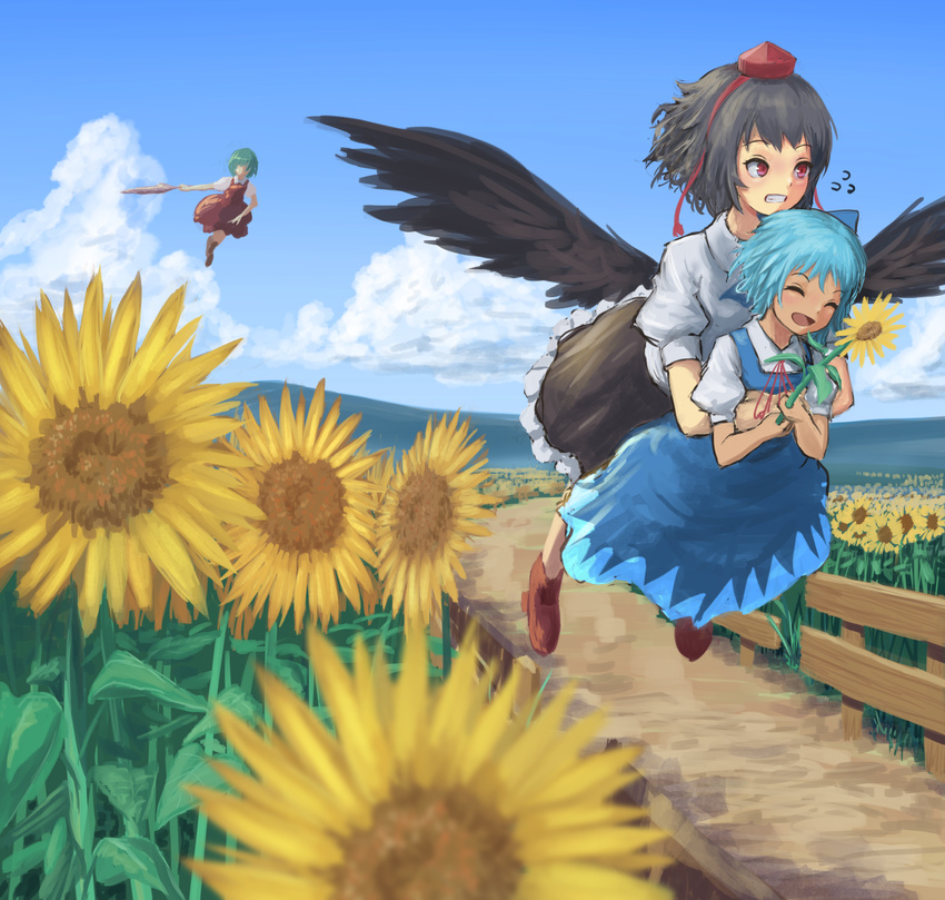 ^_^ bangs black_hair black_skirt black_wings blue_dress blue_hair blue_sky carrying chasing cirno clenched_teeth closed_eyes closed_umbrella cloud collared_shirt day dirt dress faceless fence fleeing flower flying flying_sweatdrops frilled_skirt frills garden_of_the_sun geta green_hair happy hat hidden_star_in_four_seasons highres holding holding_flower holding_umbrella hug hug_from_behind kazami_yuuka long_skirt mountain multiple_girls parasol path puffy_short_sleeves puffy_sleeves red_eyes red_footwear red_skirt red_vest ribbon road roke_(taikodon) shameimaru_aya shirt shoes short_sleeves silhouette skirt sky tan tanned_cirno teeth tengu-geta tokin_hat touhou umbrella vanishing_point vest white_shirt wings wooden_fence