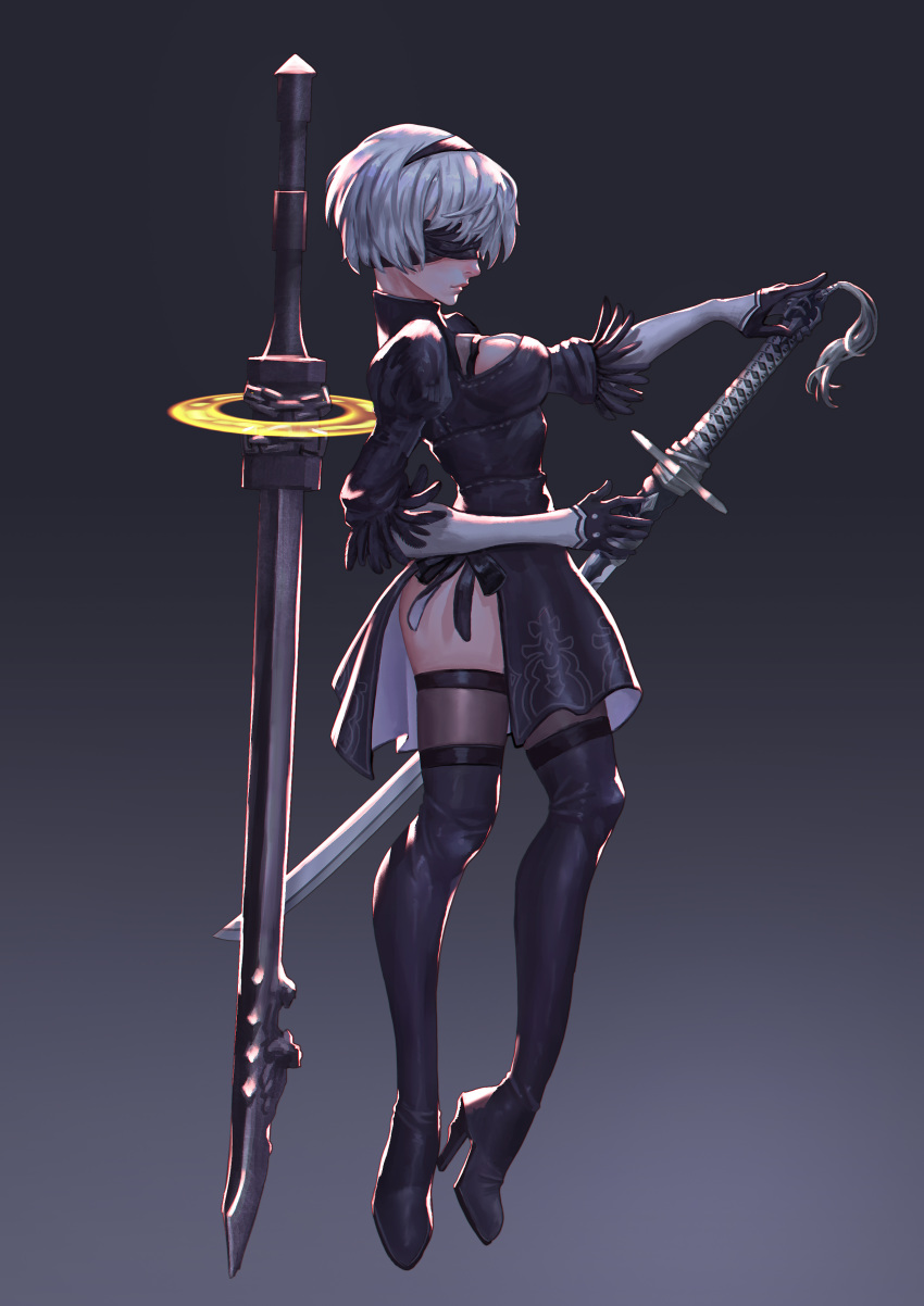1girl absurdres android bad_anatomy black_blindfold black_dress black_hairband black_legwear blindfold boots breasts cleavage_cutout dress feather-trimmed_sleeves gloves gradient gradient_background grey_background hairband high_heel_boots high_heels highres juliet_sleeves katana long_sleeves medium_breasts nier_(series) nier_automata profile puffy_sleeves short_hair silver_hair snow7a solo sword tassel thigh_boots thighhighs thighhighs_under_boots weapon white_hair yorha_no._2_type_b