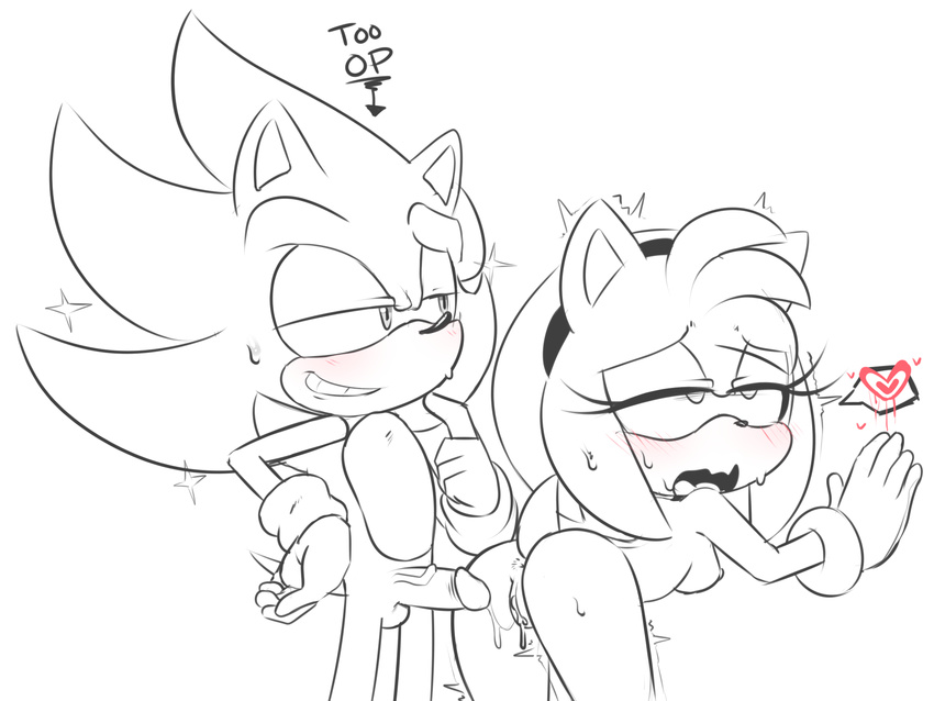 &lt;3 after_sex amy_rose anthro anus balls bent_over blush breasts butt clothing eyelashes female gloves hairband half-closed_eyes hearlesssoul hedgehog looking_pleasured male male/female mammal monochrome nipples open_mouth penis pussy shaking smile sonic_(series) sonic_the_hedgehog sparkle standing super_sonic sweat trembling vein veiny_penis