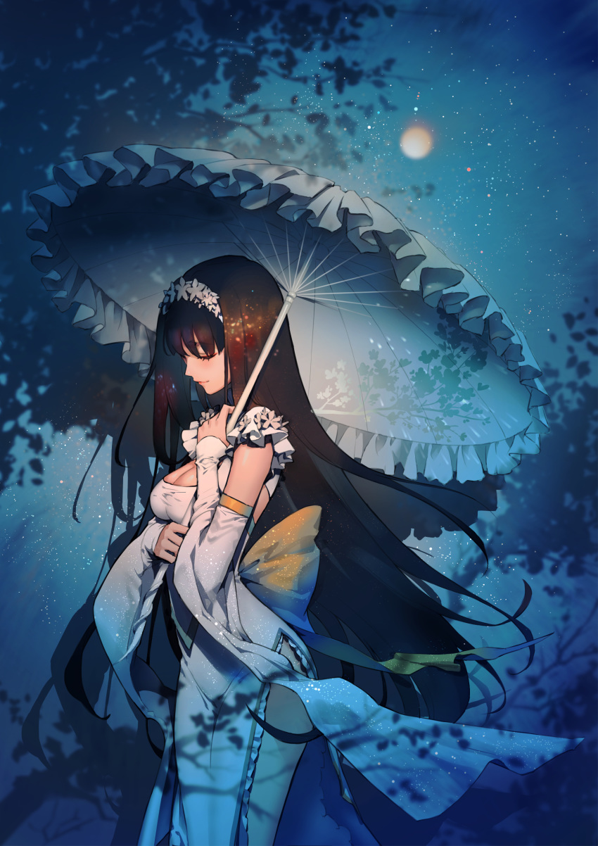 1girl absurdres bangs black_hair breasts chang'e chinese_clothes cleavage closed_mouth destiny_child detached_sleeves dress eyelashes eyes_closed eyeshadow feet_out_of_frame frills full_moon headdress highres holding holding_umbrella karesuki lace_trim long_hair long_sleeves makeup medium_breasts moon night night_sky outdoors pelvic_curtain side_slit sky sleeves_past_wrists smile solo standing star_(sky) starry_sky thighs transparent tree umbrella very_long_hair white_dress wide_sleeves