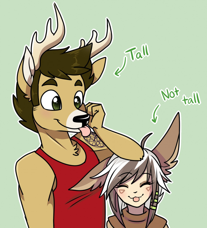 ambiguous_gender andogg anthro antlers canine cervine clothed clothing deer duo fennec fox fur hair horn male mammal smile tongue tongue_out